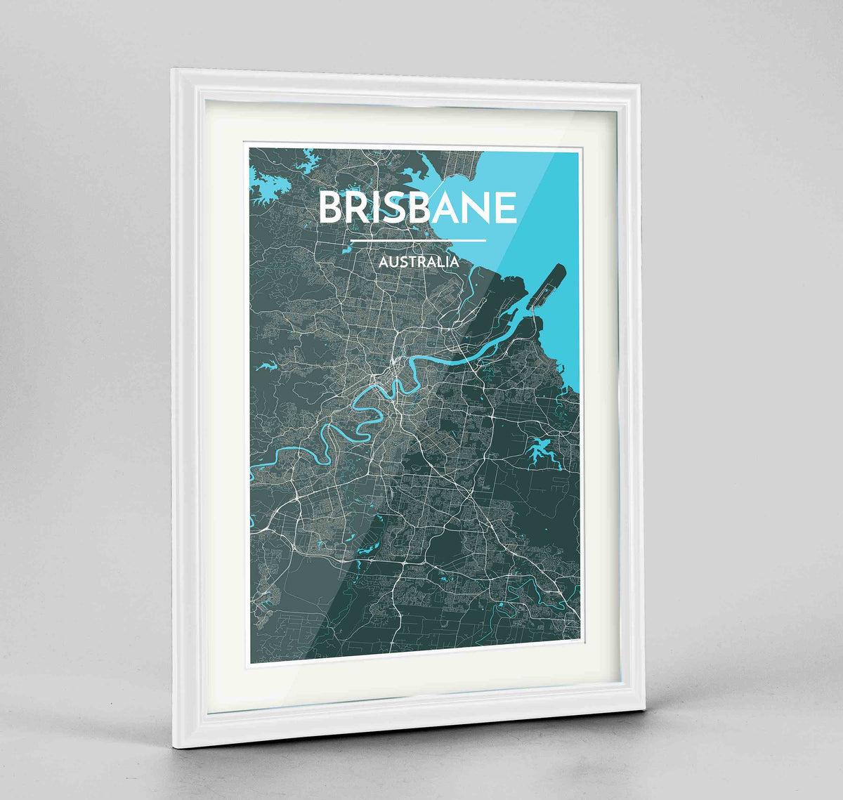 Framed Brisbane Map Art Print 24x36&quot; Traditional White frame Point Two Design Group