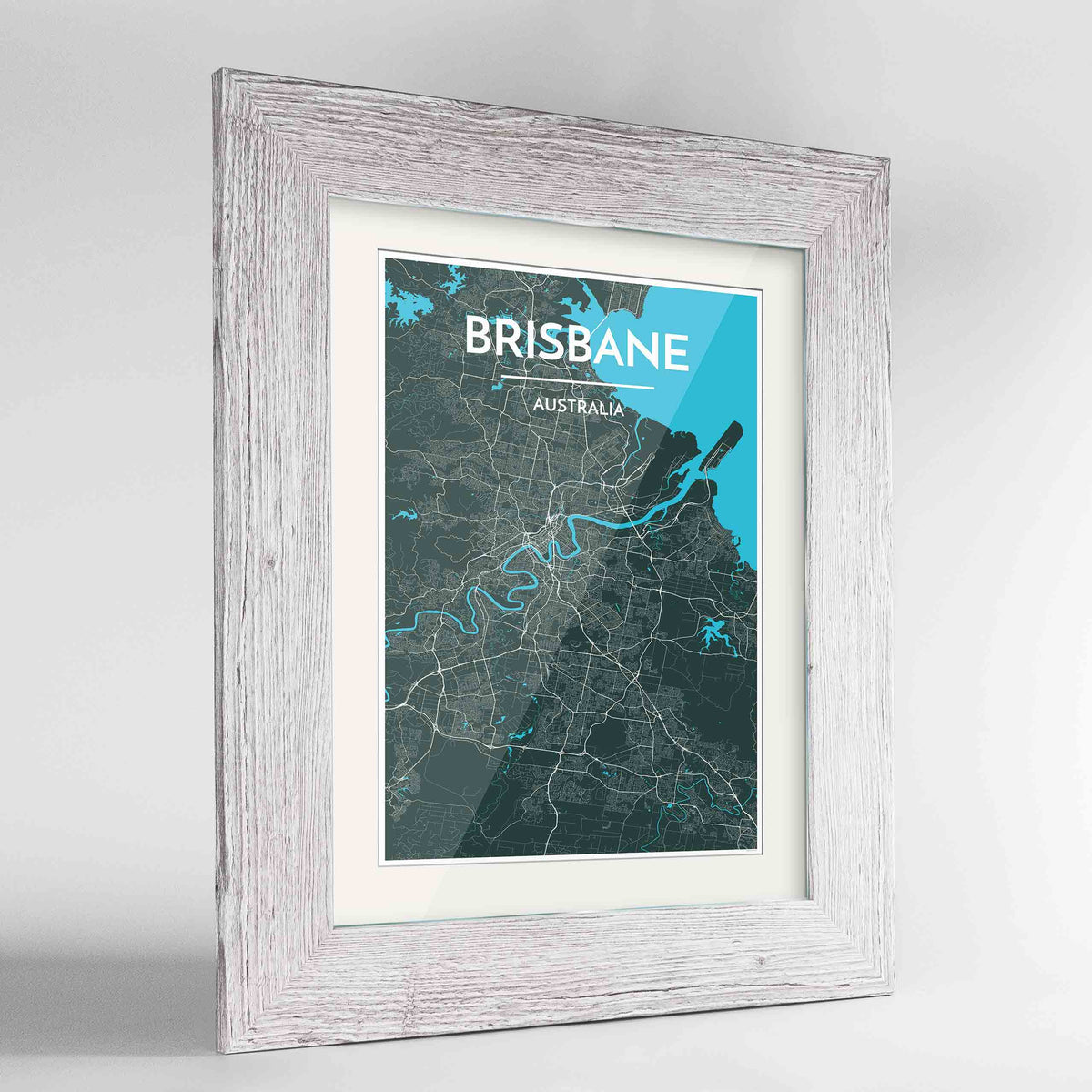 Framed Brisbane Map Art Print 24x36&quot; Western White frame Point Two Design Group