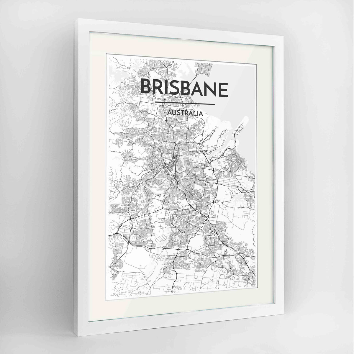 Framed Brisbane Map Art Print 24x36&quot; Contemporary White frame Point Two Design Group