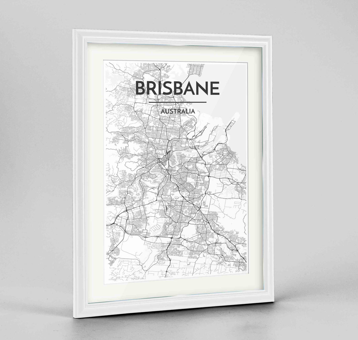 Framed Brisbane Map Art Print 24x36&quot; Traditional White frame Point Two Design Group
