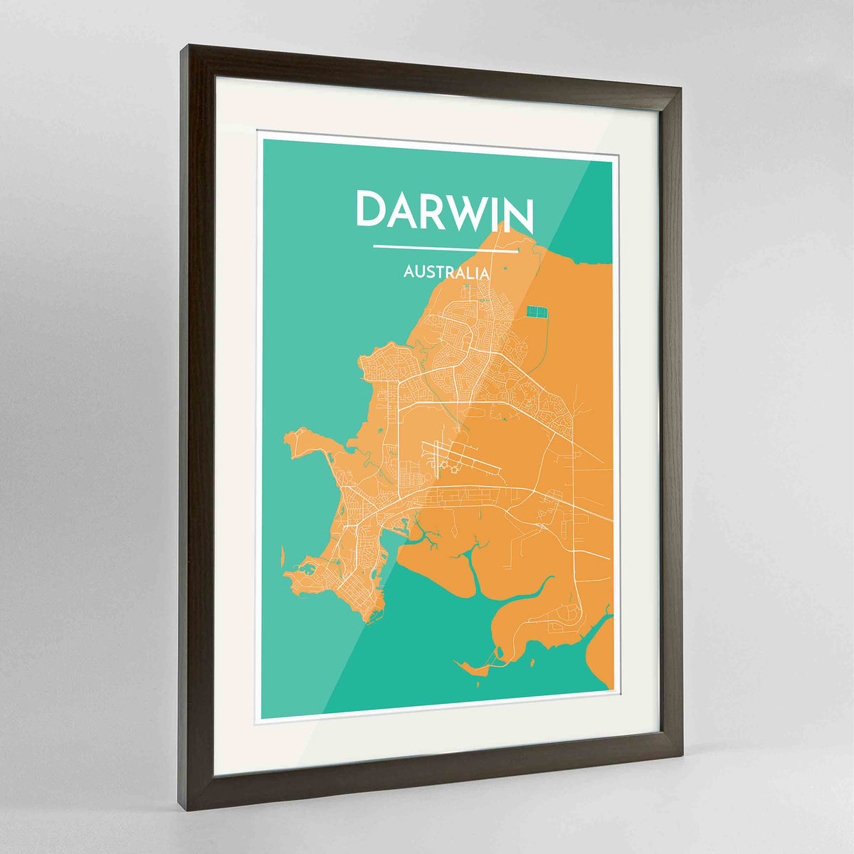 Framed Darwin Map Art Print 24x36&quot; Contemporary Walnut frame Point Two Design Group
