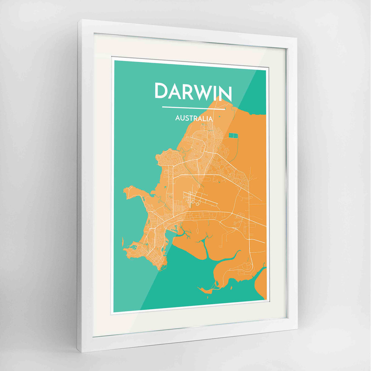 Framed Darwin Map Art Print 24x36&quot; Contemporary White frame Point Two Design Group