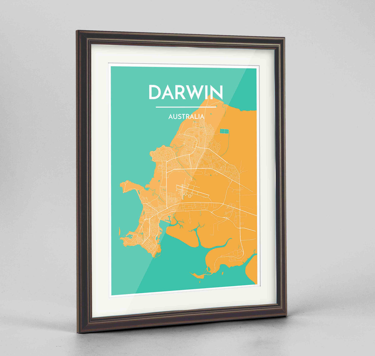 Framed Darwin Map Art Print 24x36&quot; Traditional Walnut frame Point Two Design Group