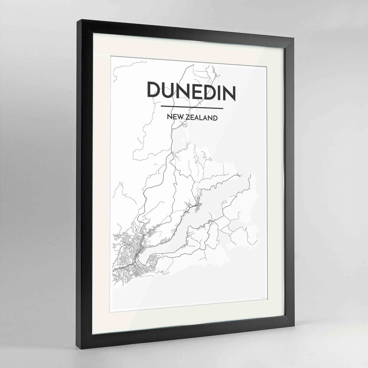 Framed Dunedin Map Art Print 24x36&quot; Contemporary Black frame Point Two Design Group
