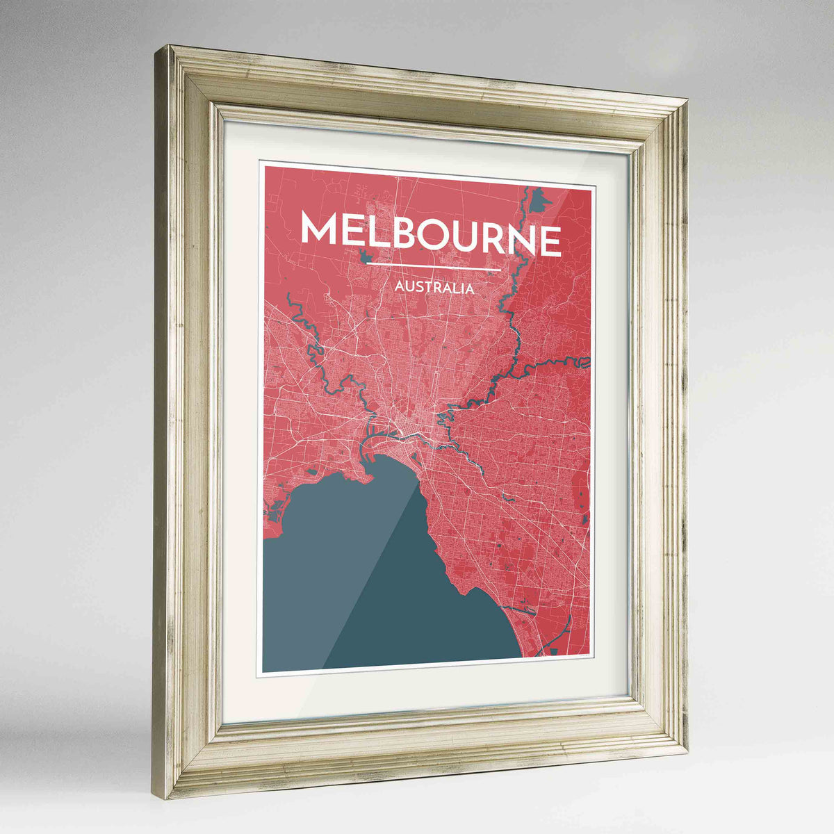 Framed Melbourne Map Art Print 24x36&quot; Champagne frame Point Two Design Group