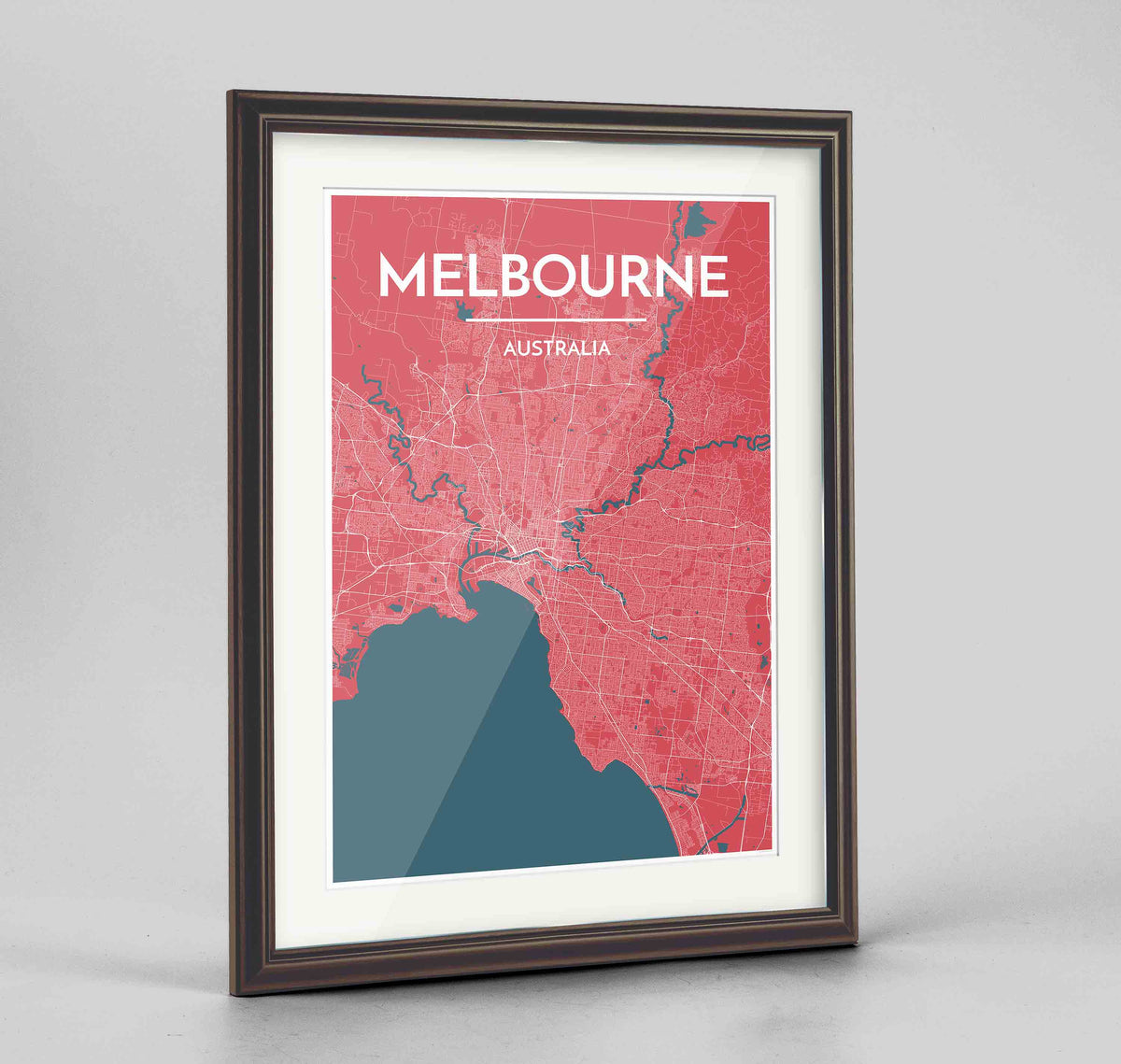 Framed Melbourne Map Art Print 24x36&quot; Traditional Walnut frame Point Two Design Group