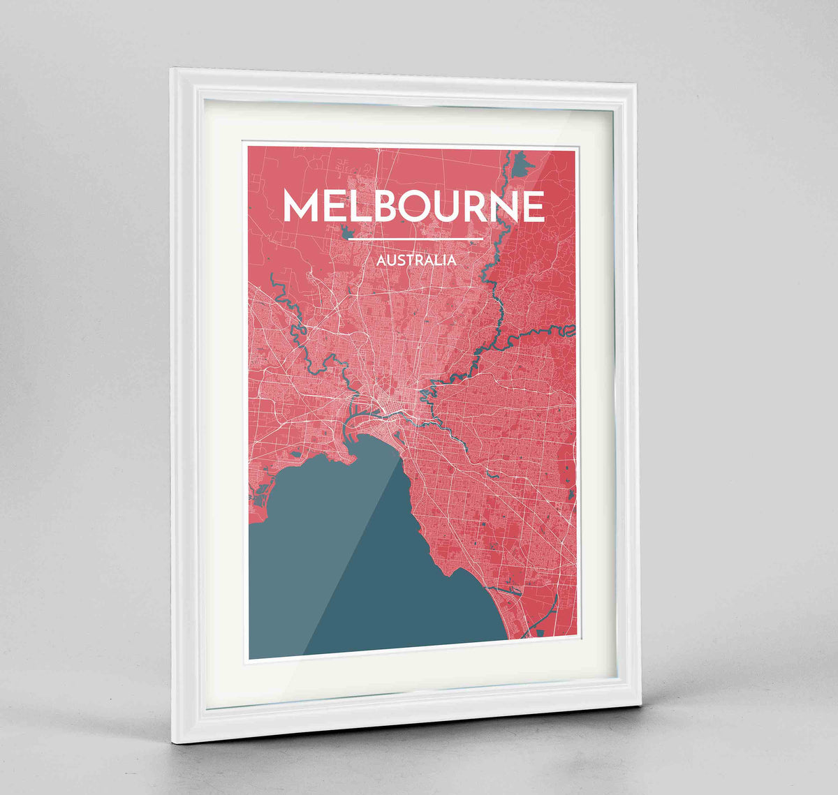 Framed Melbourne Map Art Print 24x36&quot; Traditional White frame Point Two Design Group