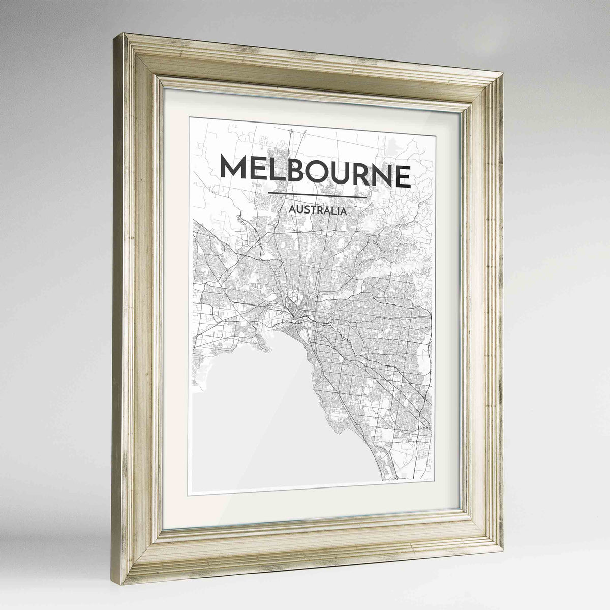 Framed Melbourne Map Art Print 24x36&quot; Champagne frame Point Two Design Group