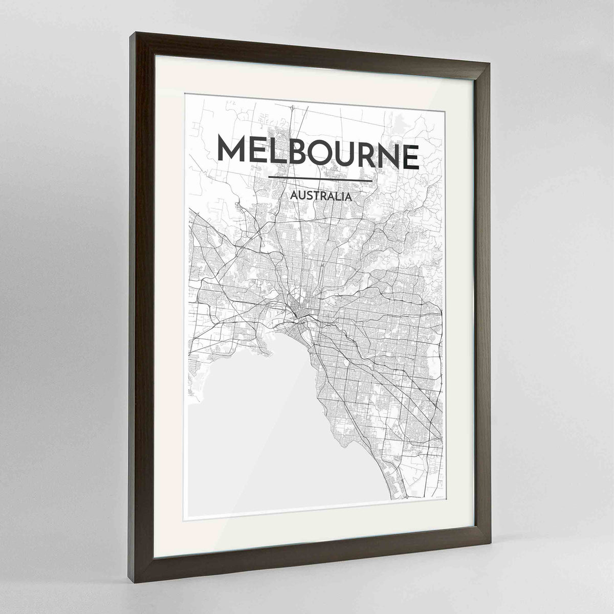 Framed Melbourne Map Art Print 24x36&quot; Contemporary Walnut frame Point Two Design Group