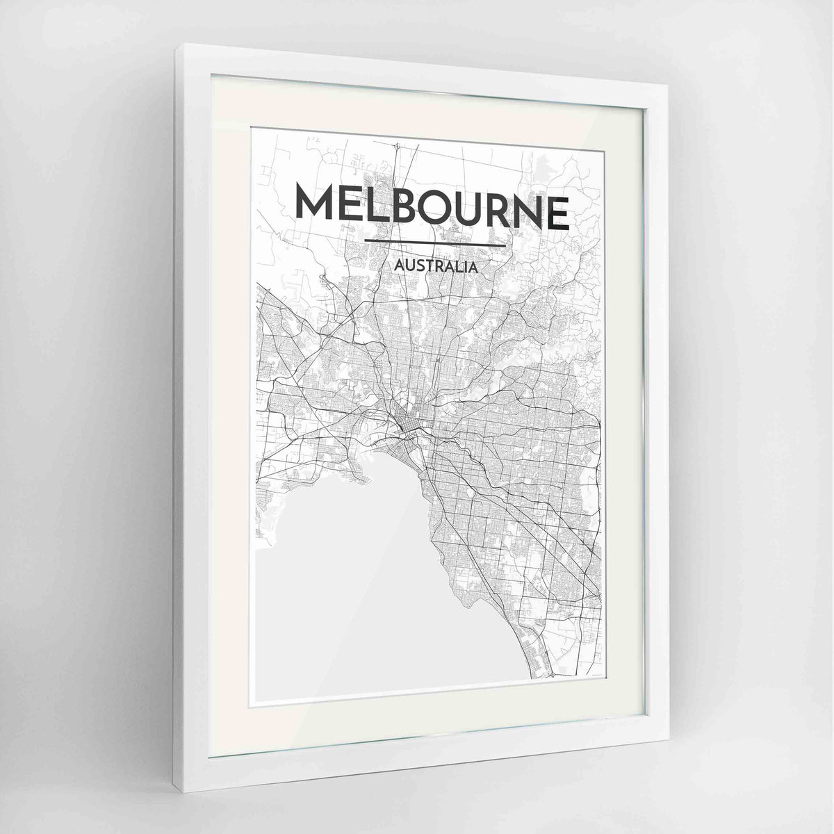 Framed Melbourne Map Art Print 24x36&quot; Contemporary White frame Point Two Design Group
