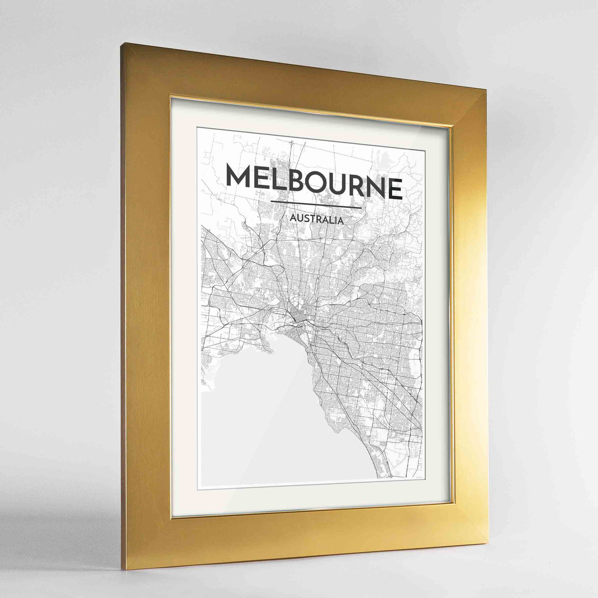 Framed Melbourne Map Art Print 24x36&quot; Gold frame Point Two Design Group