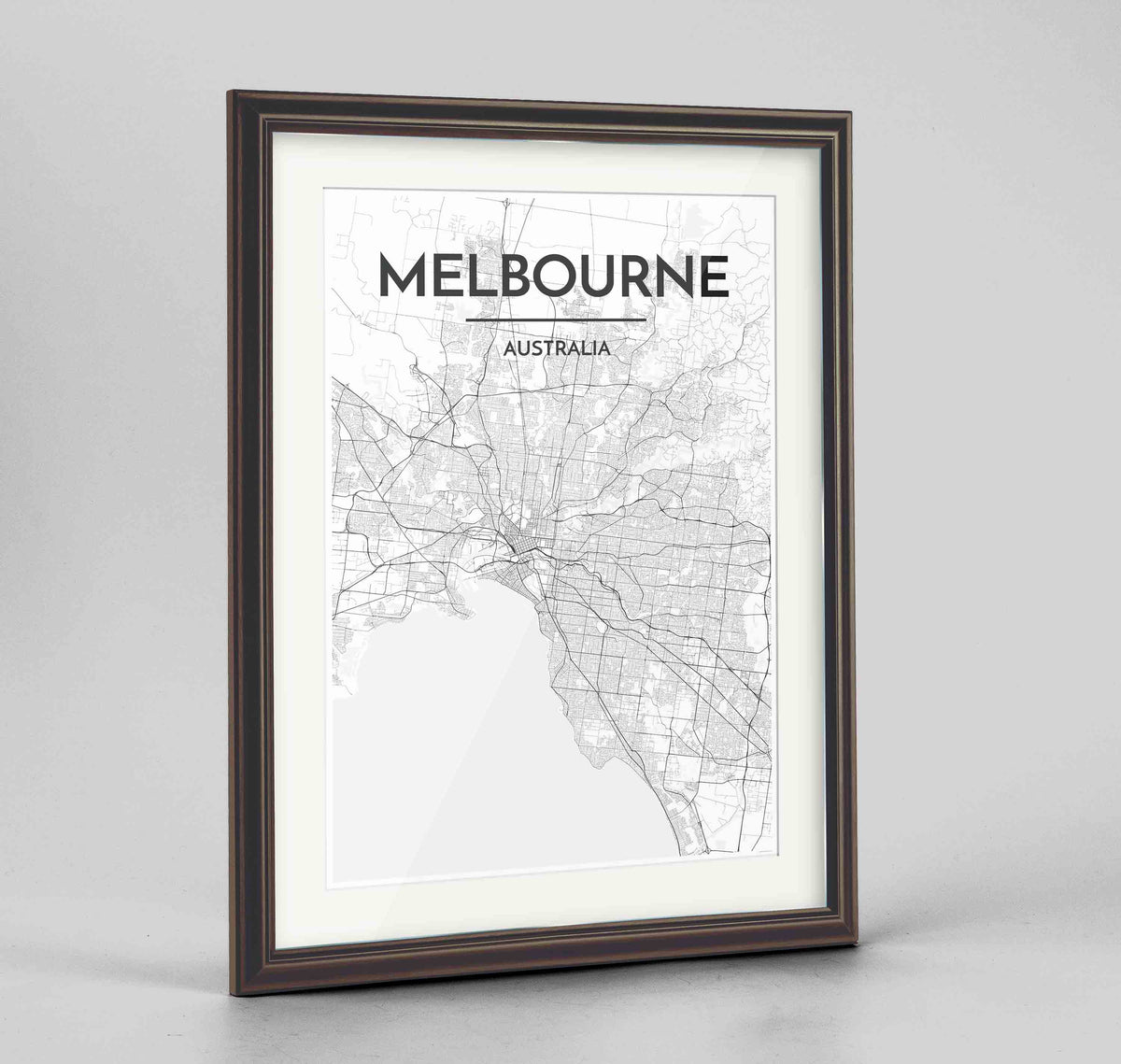 Framed Melbourne Map Art Print 24x36&quot; Traditional Walnut frame Point Two Design Group
