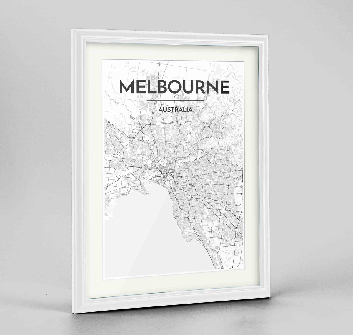 Framed Melbourne Map Art Print 24x36&quot; Traditional White frame Point Two Design Group