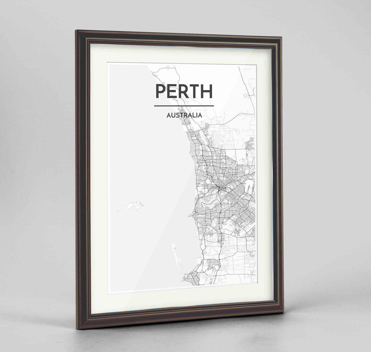 Framed Perth Map Art Print 24x36&quot; Traditional Walnut frame Point Two Design Group