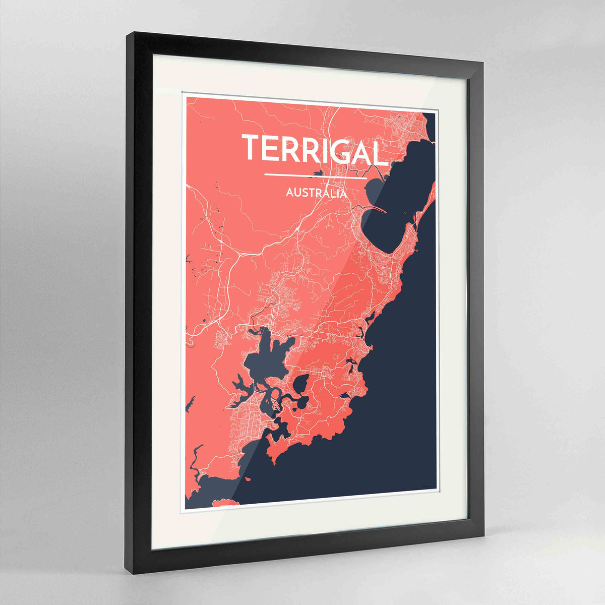 Framed Terrigal Map Art Print 24x36&quot; Contemporary Black frame Point Two Design Group