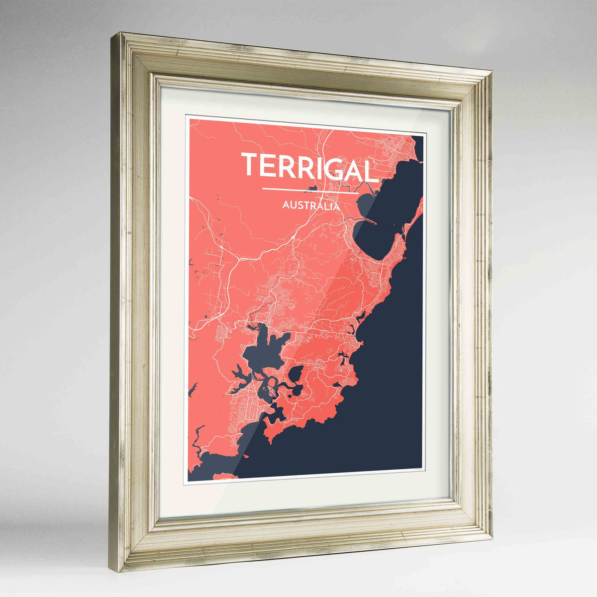 Framed Terrigal Map Art Print 24x36&quot; Champagne frame Point Two Design Group