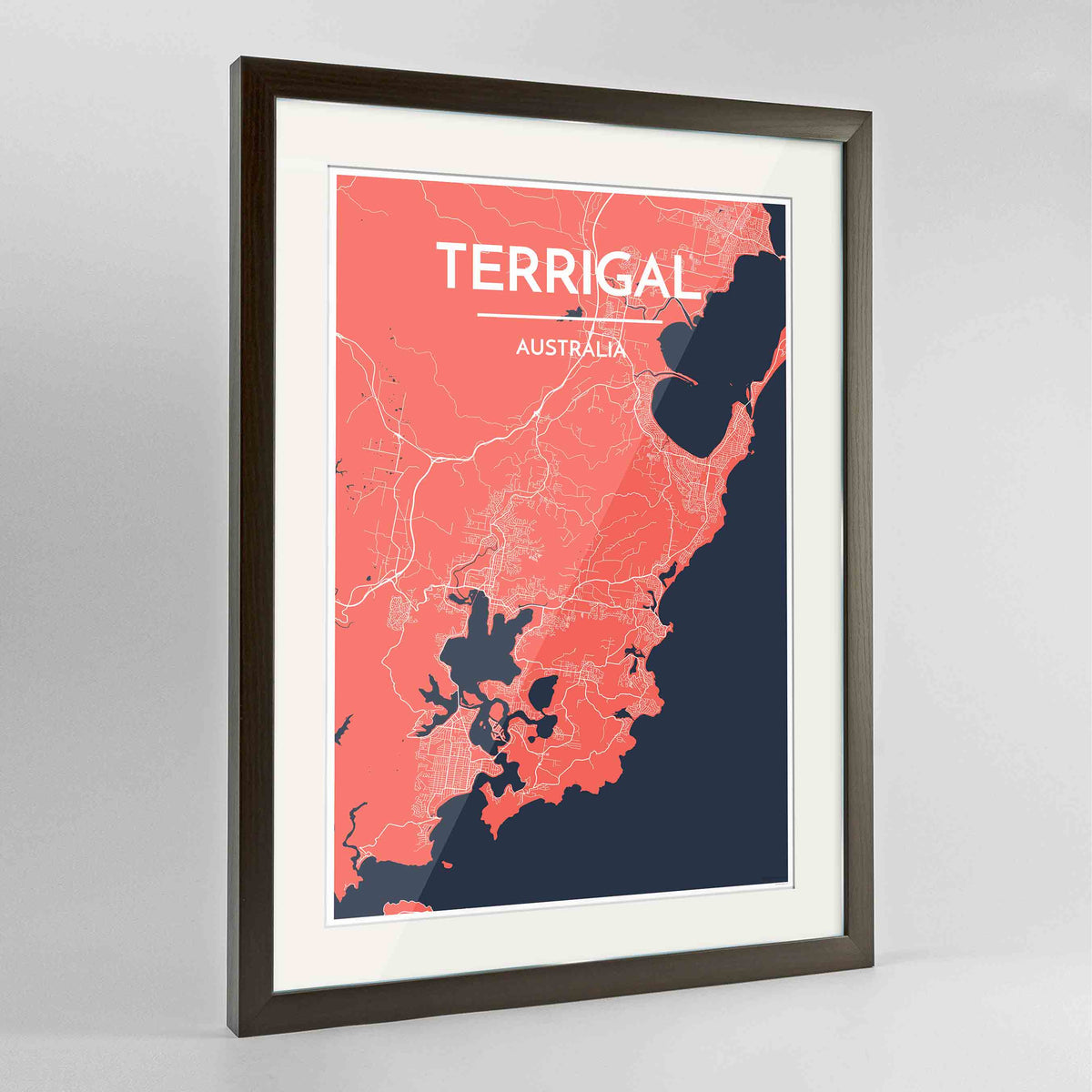 Framed Terrigal Map Art Print 24x36&quot; Contemporary Walnut frame Point Two Design Group
