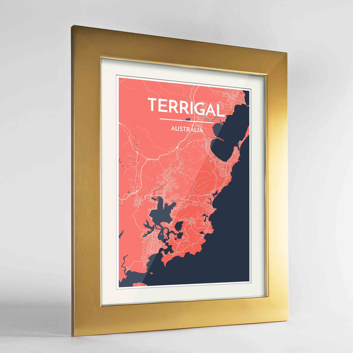 Framed Terrigal Map Art Print 24x36&quot; Gold frame Point Two Design Group