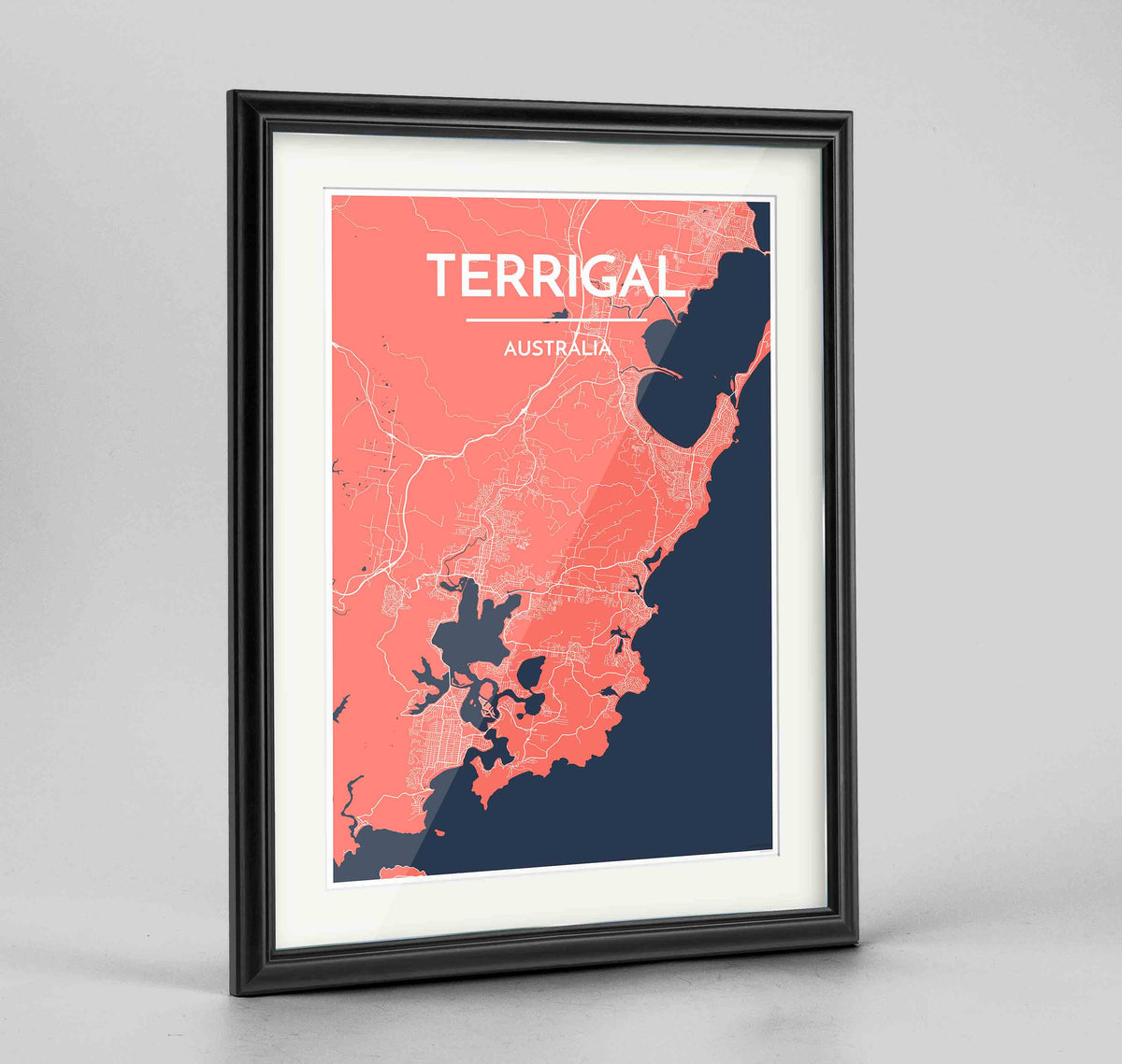 Framed Terrigal Map Art Print 24x36&quot; Traditional Black frame Point Two Design Group