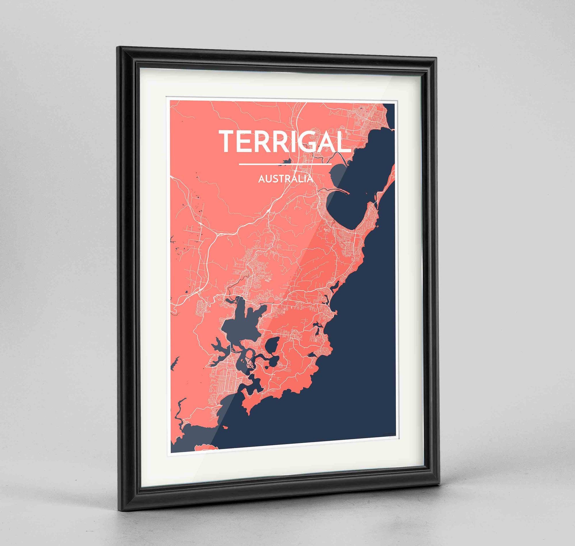 Framed Terrigal Map Art Print 24x36" Traditional Black frame Point Two Design Group