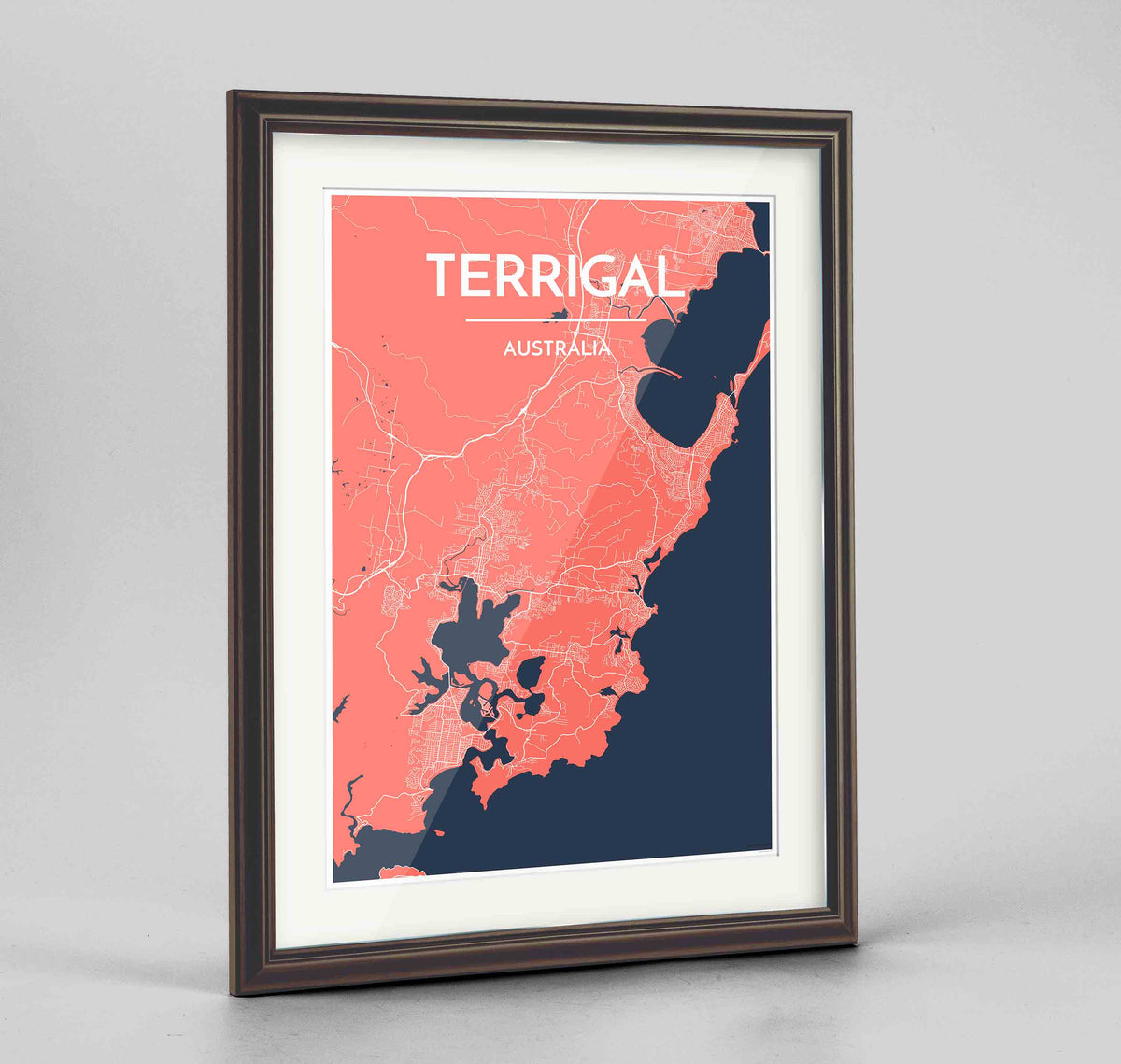 Framed Terrigal Map Art Print 24x36&quot; Traditional Walnut frame Point Two Design Group