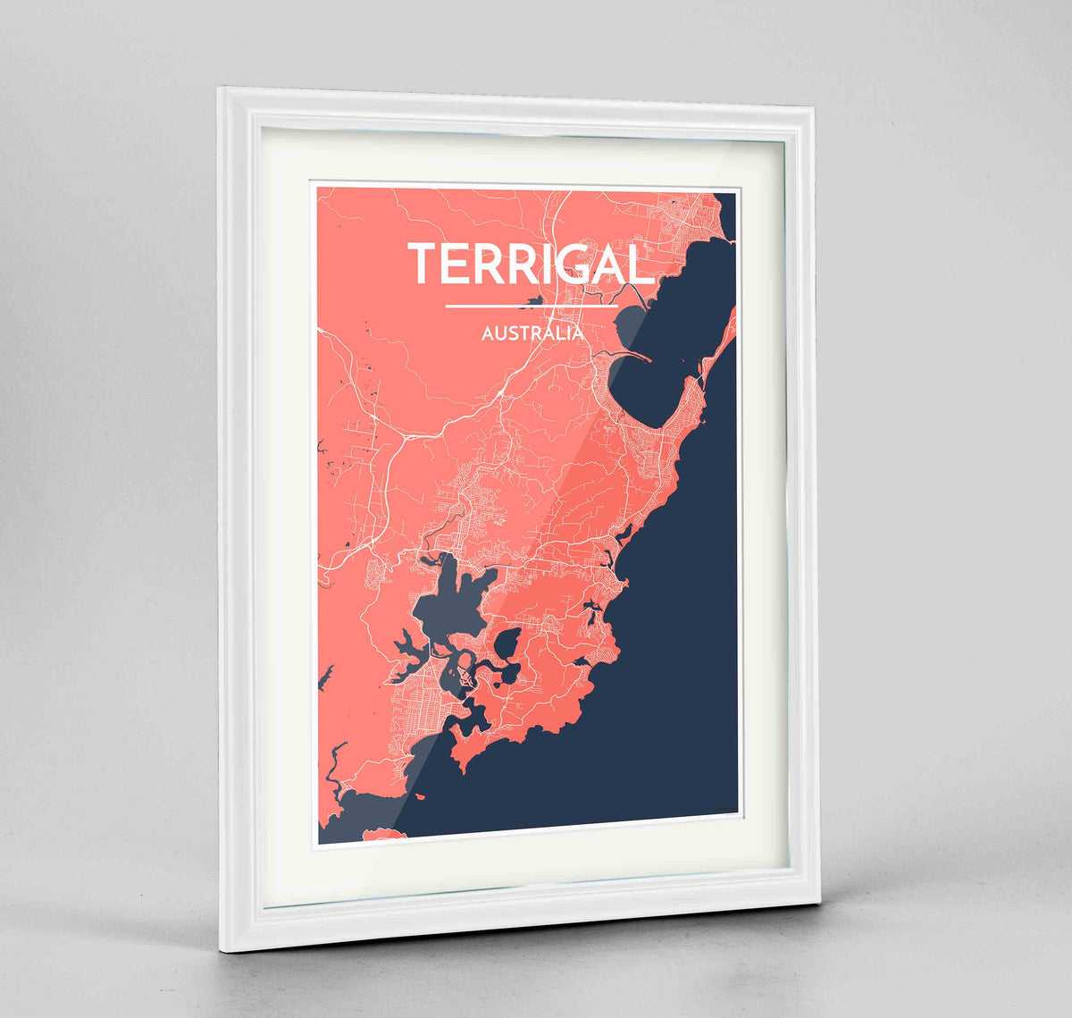 Framed Terrigal Map Art Print 24x36&quot; Traditional White frame Point Two Design Group