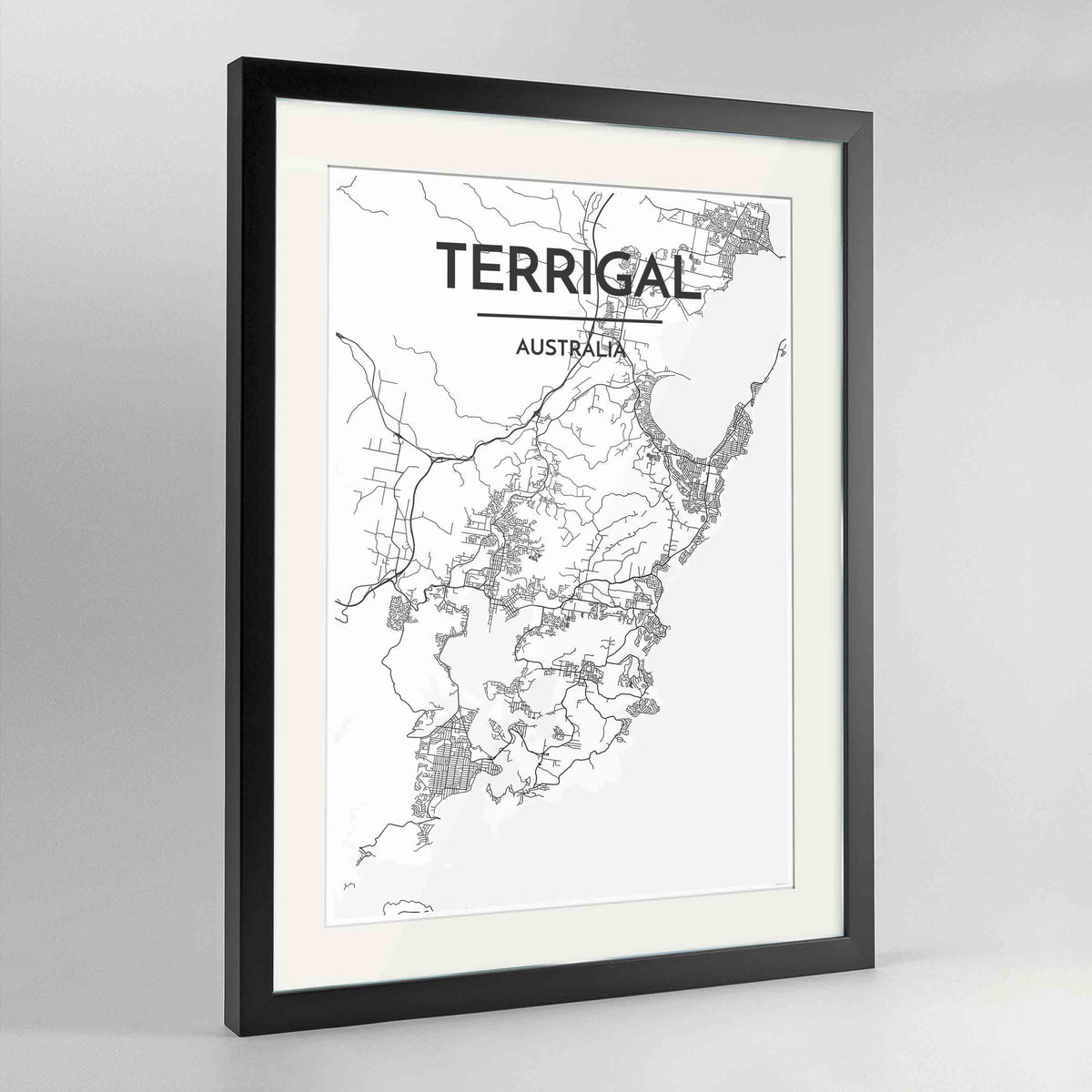 Framed Terrigal Map Art Print 24x36&quot; Contemporary Black frame Point Two Design Group