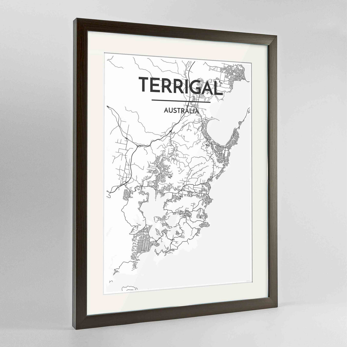 Framed Terrigal Map Art Print 24x36&quot; Contemporary Walnut frame Point Two Design Group