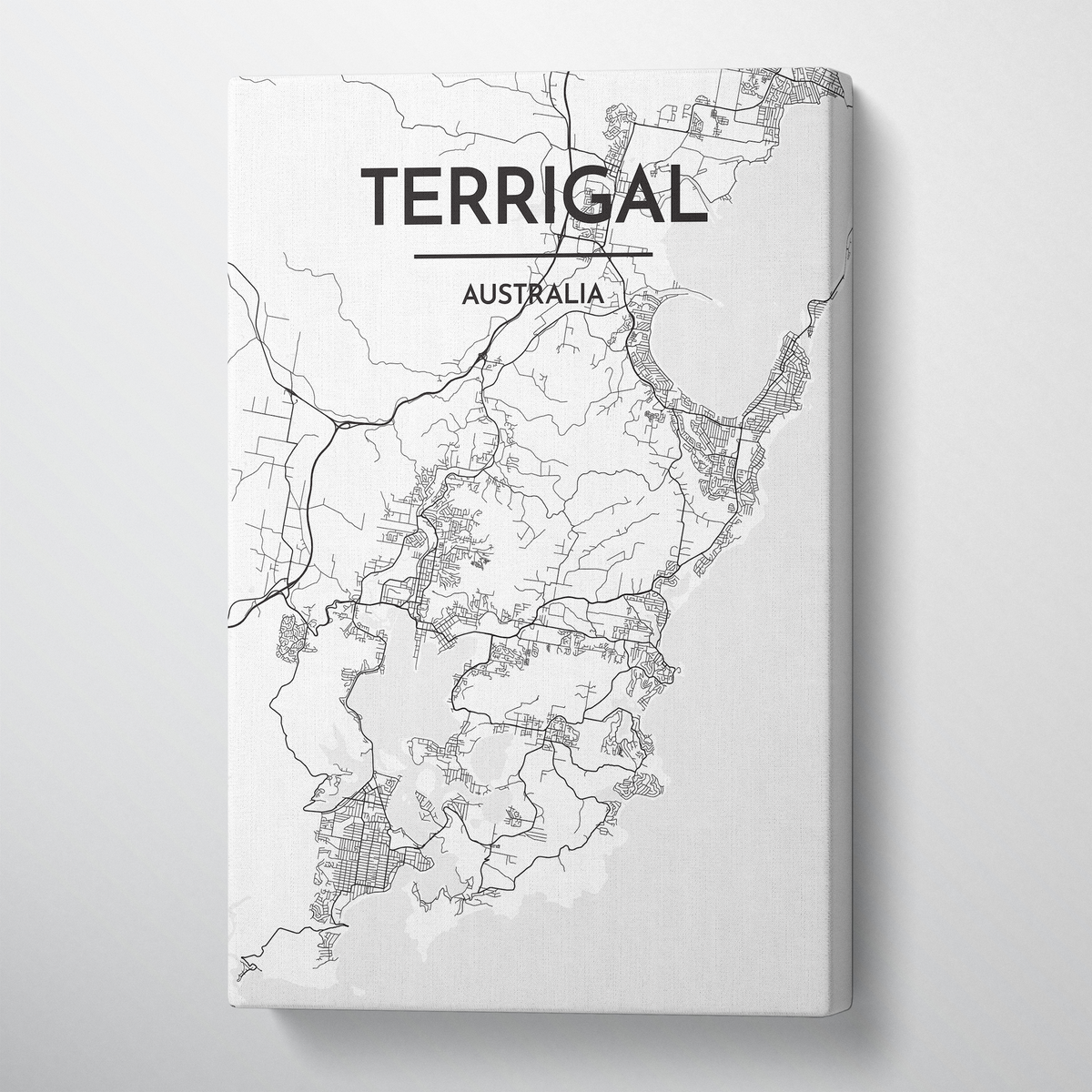 Terrigal City Map Canvas Wrap - Point Two Design - Black &amp; White Print