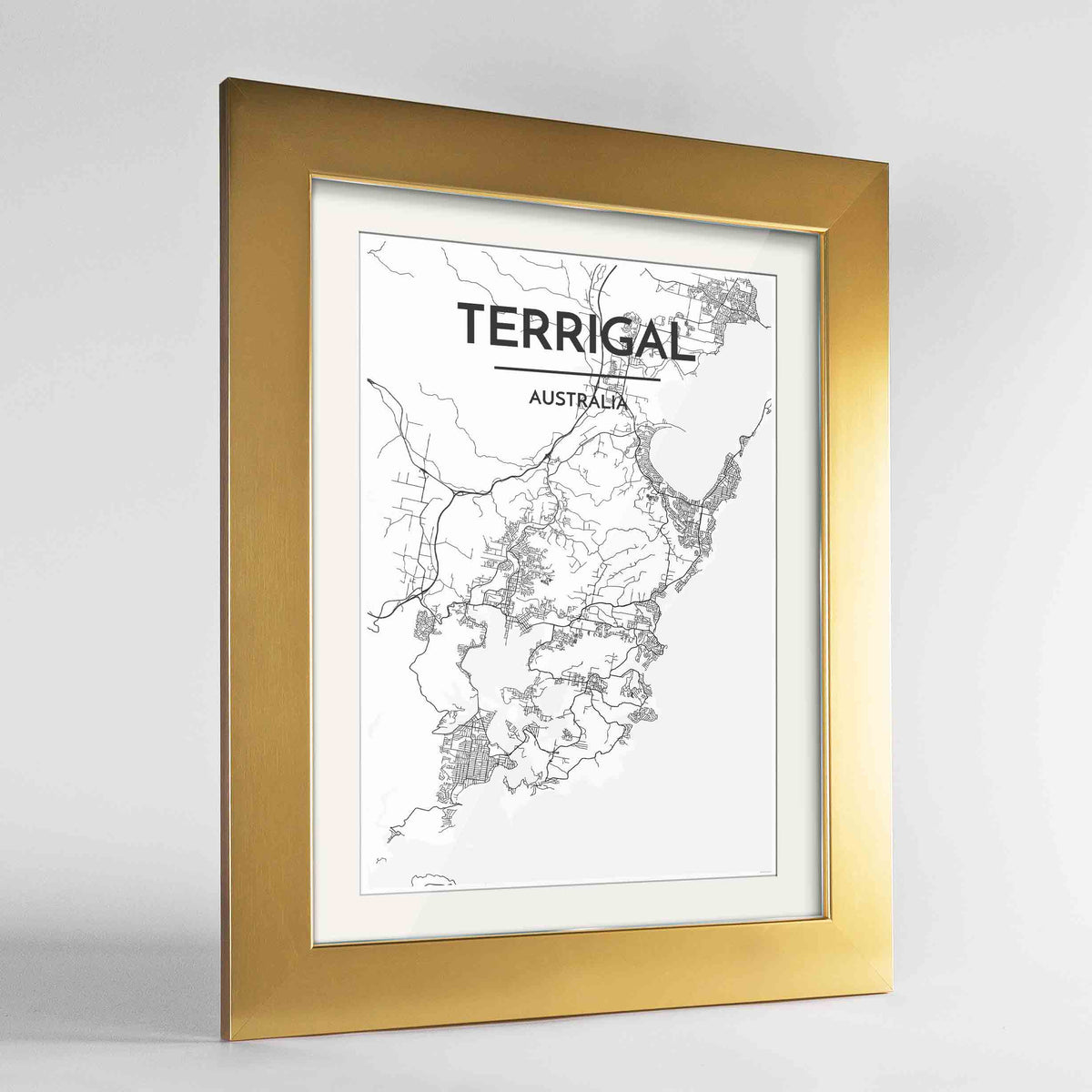 Framed Terrigal Map Art Print 24x36&quot; Gold frame Point Two Design Group