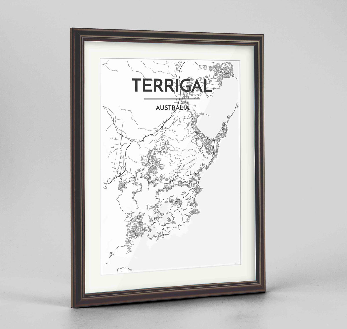 Framed Terrigal Map Art Print 24x36&quot; Traditional Walnut frame Point Two Design Group