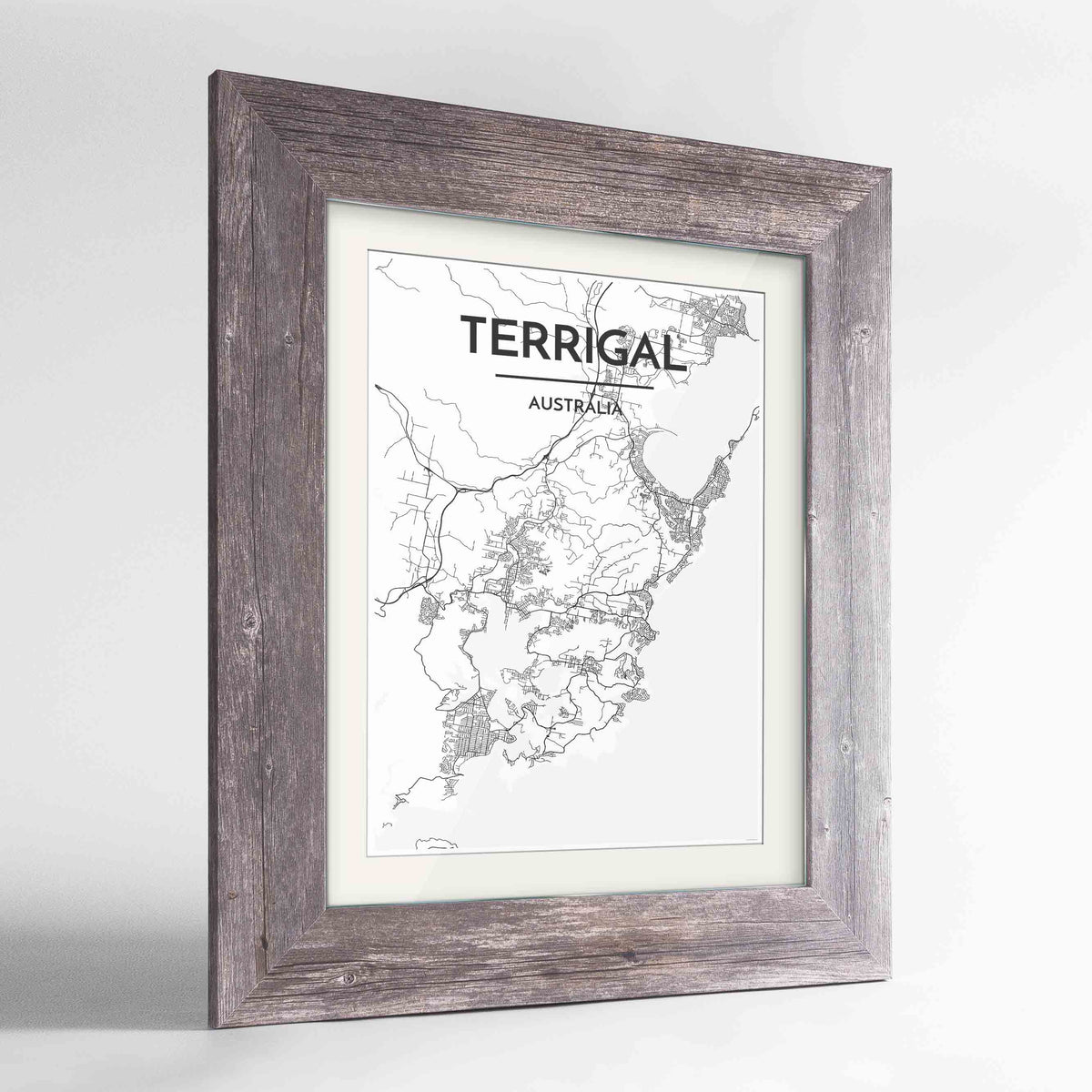Framed Terrigal Map Art Print 24x36&quot; Western Grey frame Point Two Design Group