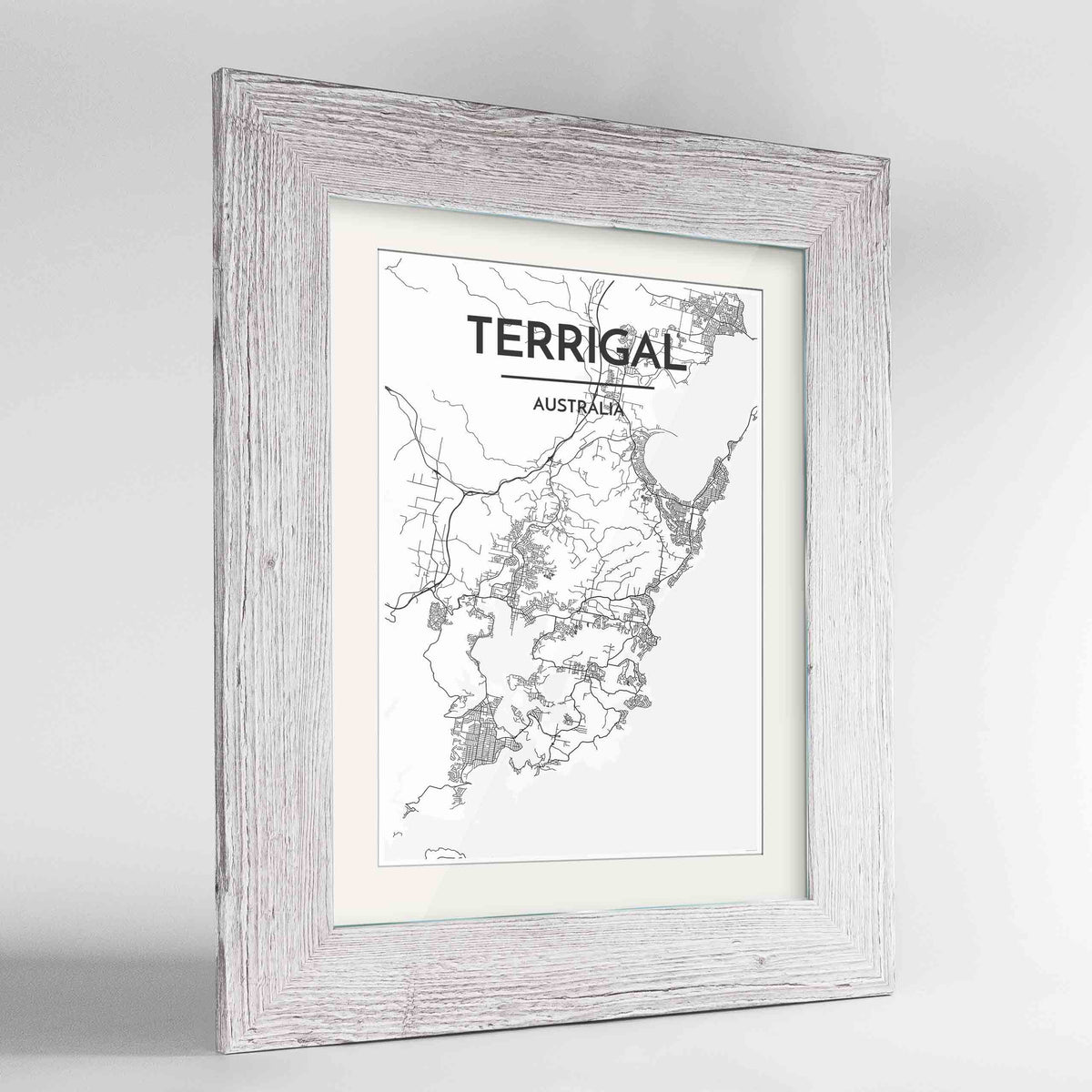 Framed Terrigal Map Art Print 24x36&quot; Western White frame Point Two Design Group