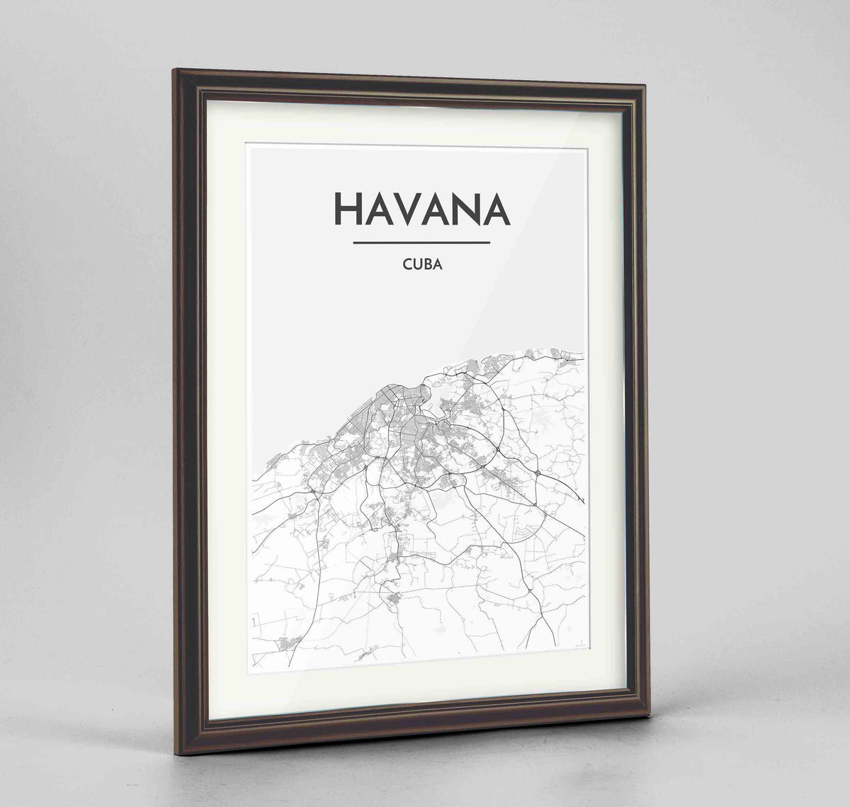 Framed Havana Map Art Print 24x36&quot; Traditional Walnut frame Point Two Design Group