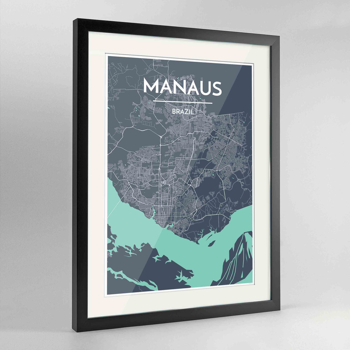 Framed Manaus Map Art Print 24x36&quot; Contemporary Black frame Point Two Design Group