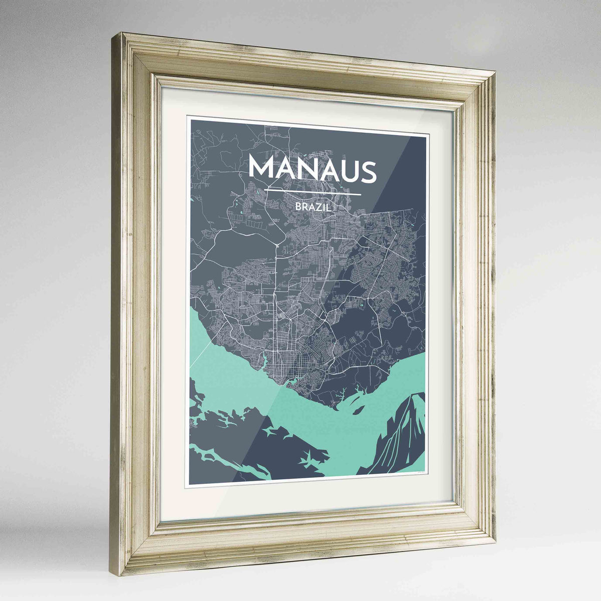 Framed Manaus Map Art Print 24x36&quot; Champagne frame Point Two Design Group