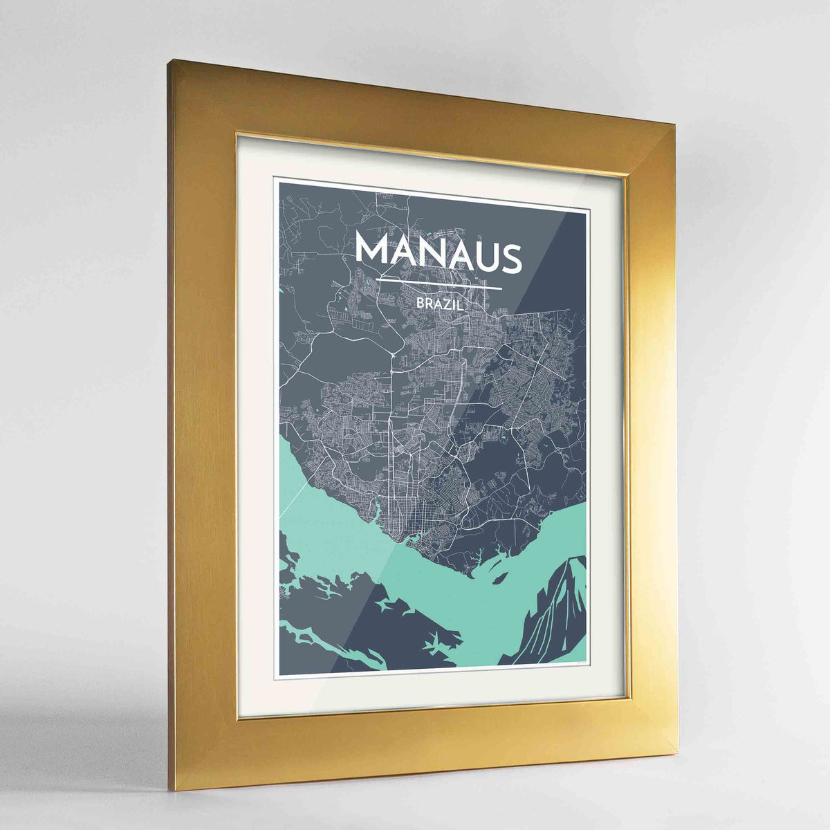 Framed Manaus Map Art Print 24x36&quot; Gold frame Point Two Design Group