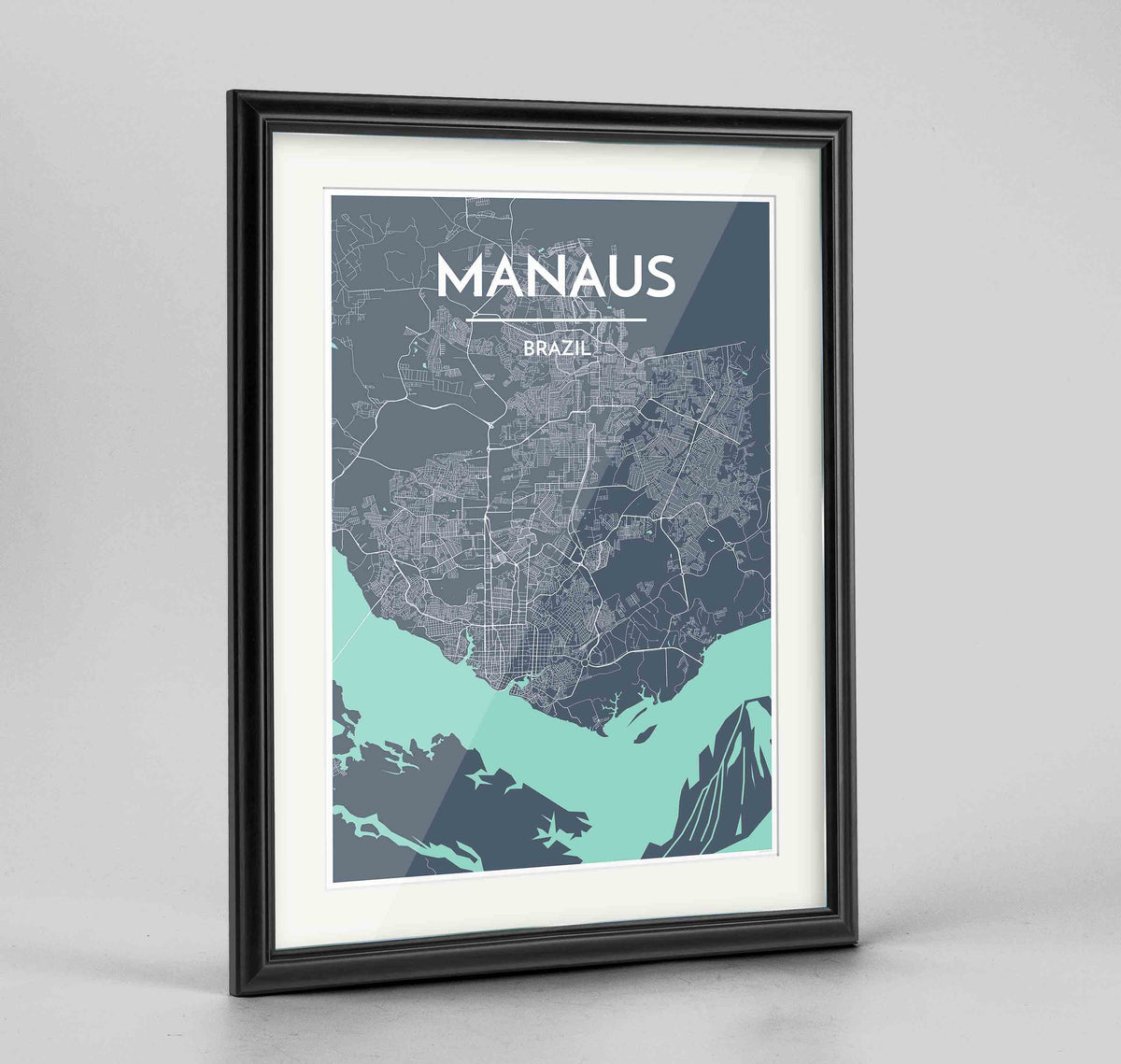 Framed Manaus Map Art Print 24x36&quot; Traditional Black frame Point Two Design Group