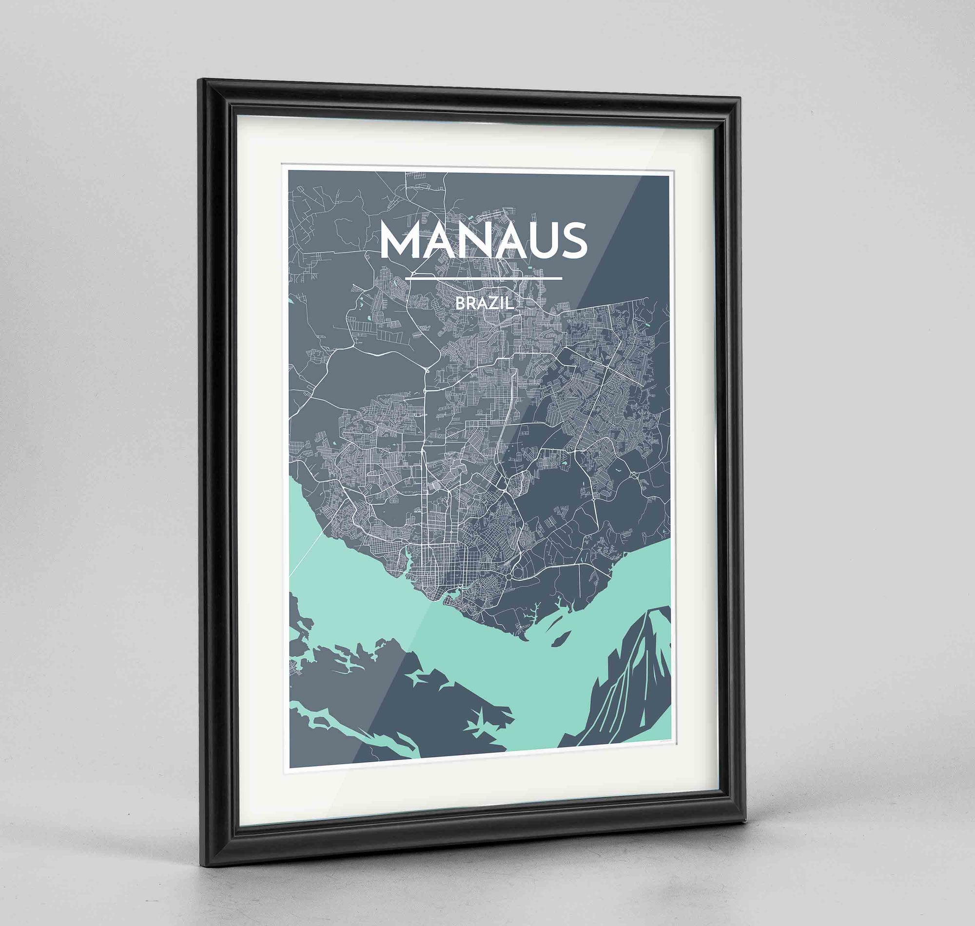 Framed Manaus Map Art Print 24x36" Traditional Black frame Point Two Design Group