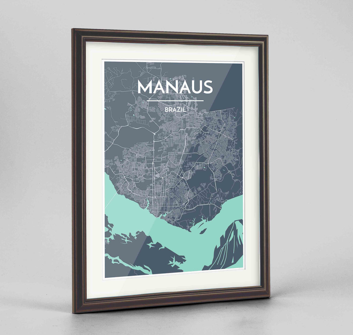 Framed Manaus Map Art Print 24x36&quot; Traditional Walnut frame Point Two Design Group