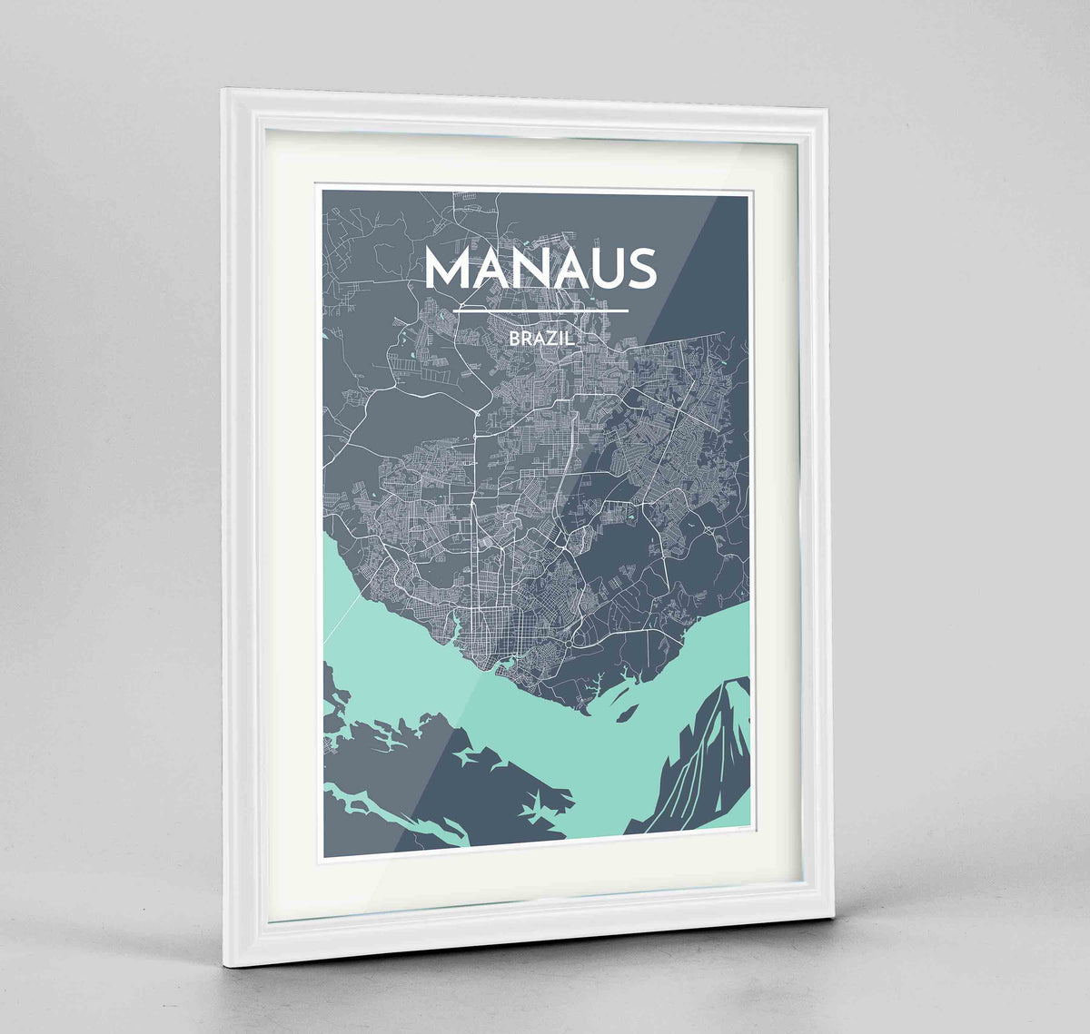 Framed Manaus Map Art Print 24x36&quot; Traditional White frame Point Two Design Group