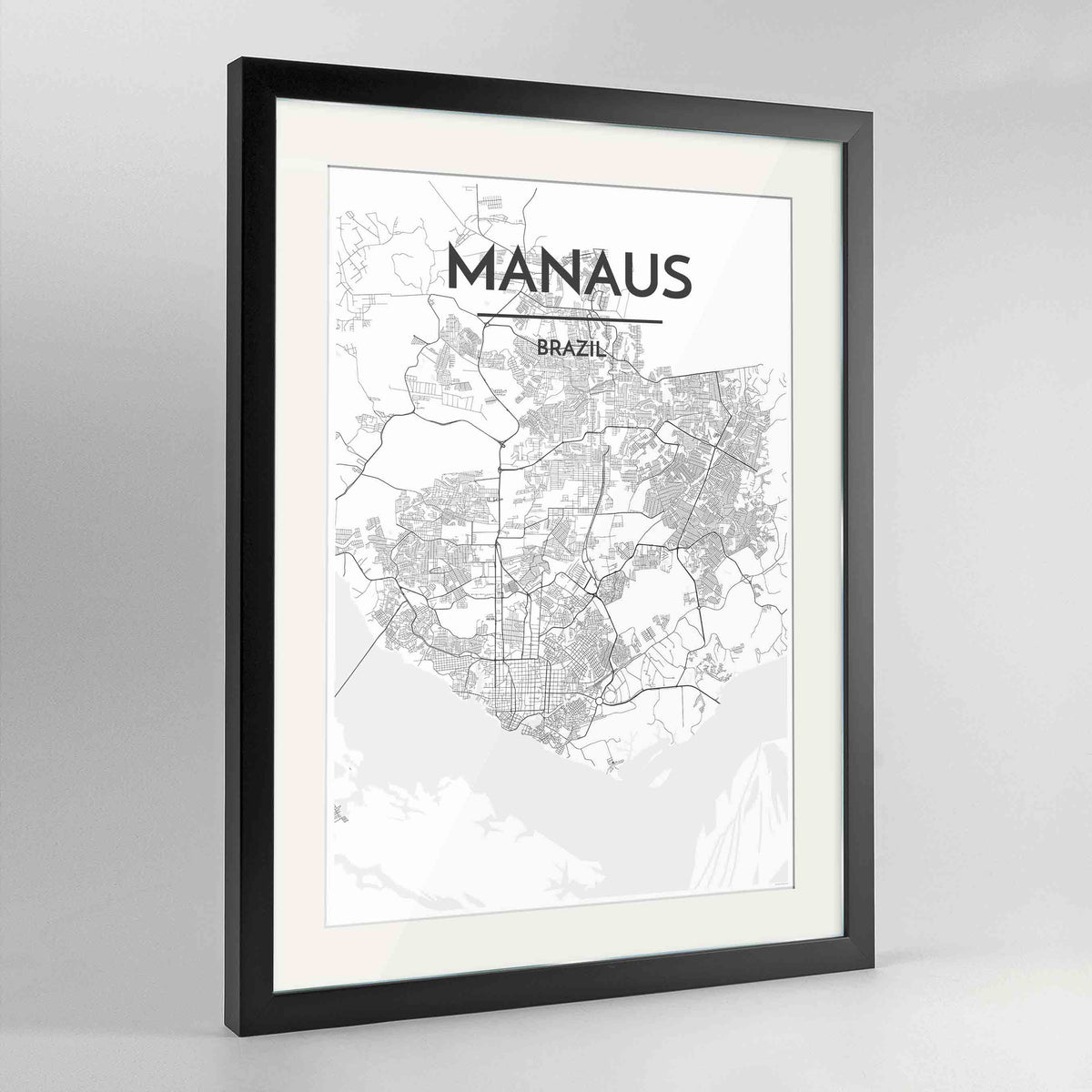 Framed Manaus Map Art Print 24x36&quot; Contemporary Black frame Point Two Design Group