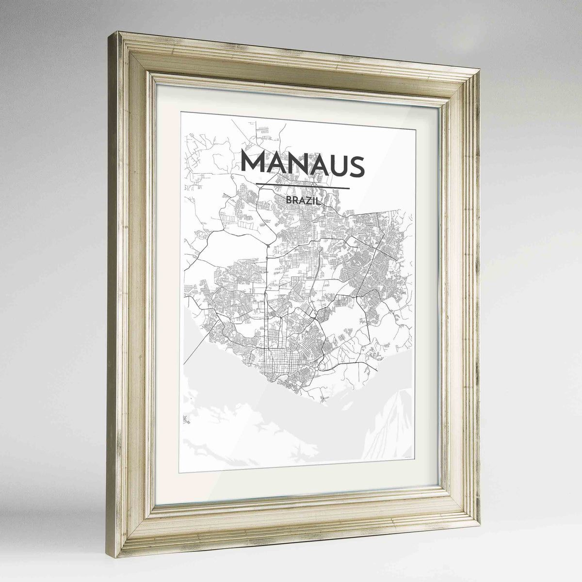 Framed Manaus Map Art Print 24x36&quot; Champagne frame Point Two Design Group