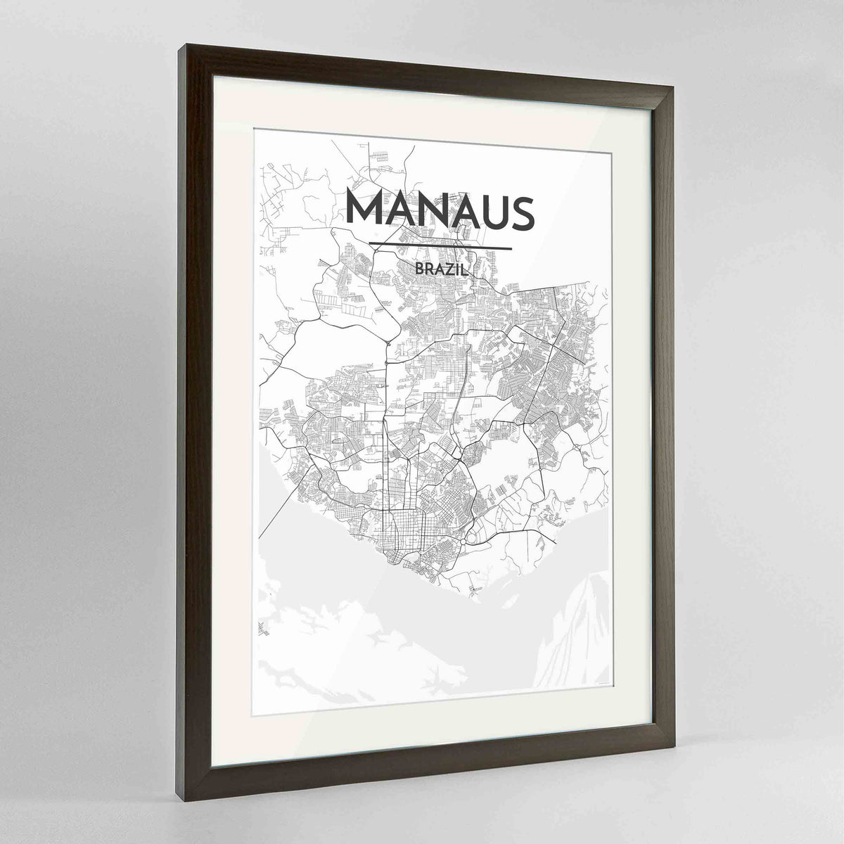 Framed Manaus Map Art Print 24x36&quot; Contemporary Walnut frame Point Two Design Group