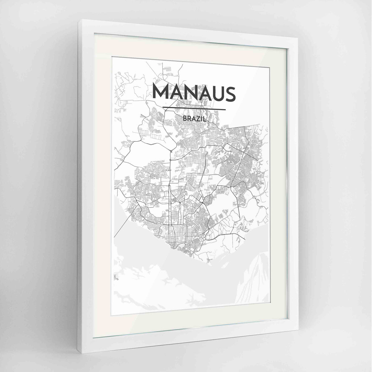 Framed Manaus Map Art Print 24x36&quot; Contemporary White frame Point Two Design Group