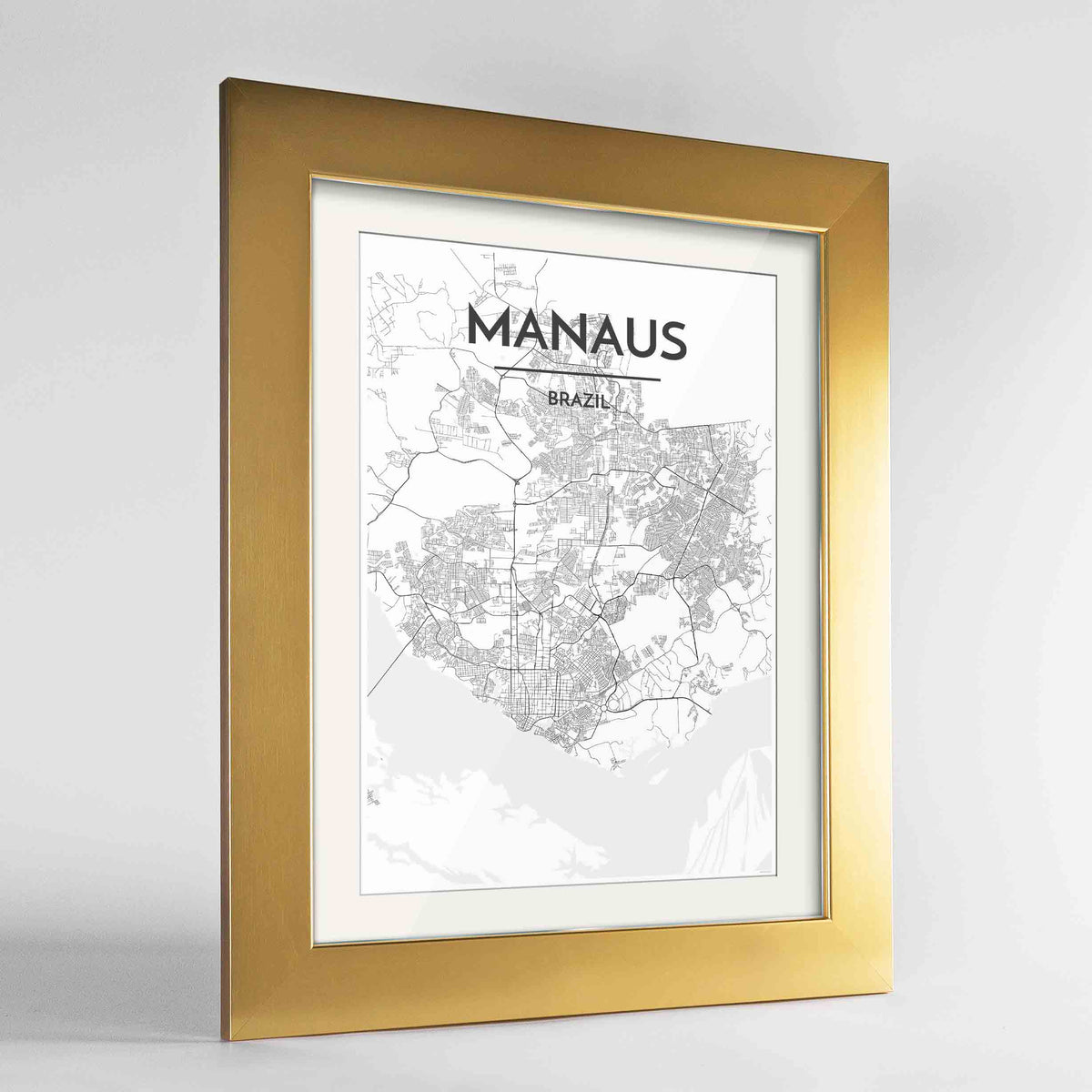 Framed Manaus Map Art Print 24x36&quot; Gold frame Point Two Design Group