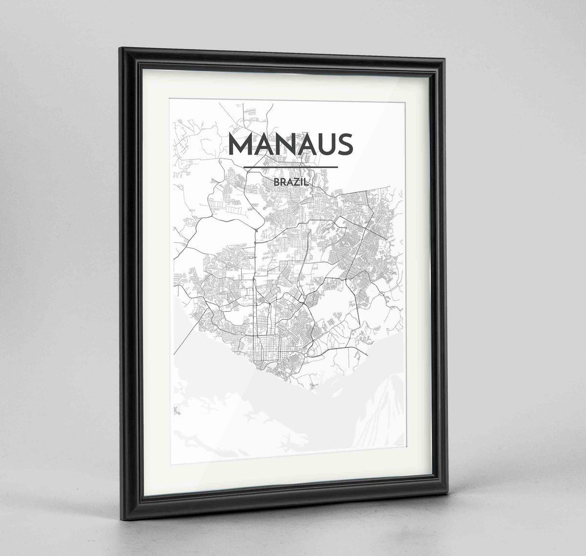Framed Manaus Map Art Print 24x36&quot; Traditional Black frame Point Two Design Group