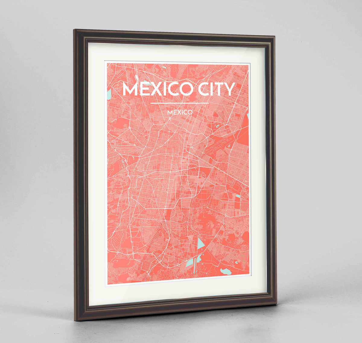Framed Mexico City Map Art Print 24x36&quot; Traditional Walnut frame Point Two Design Group