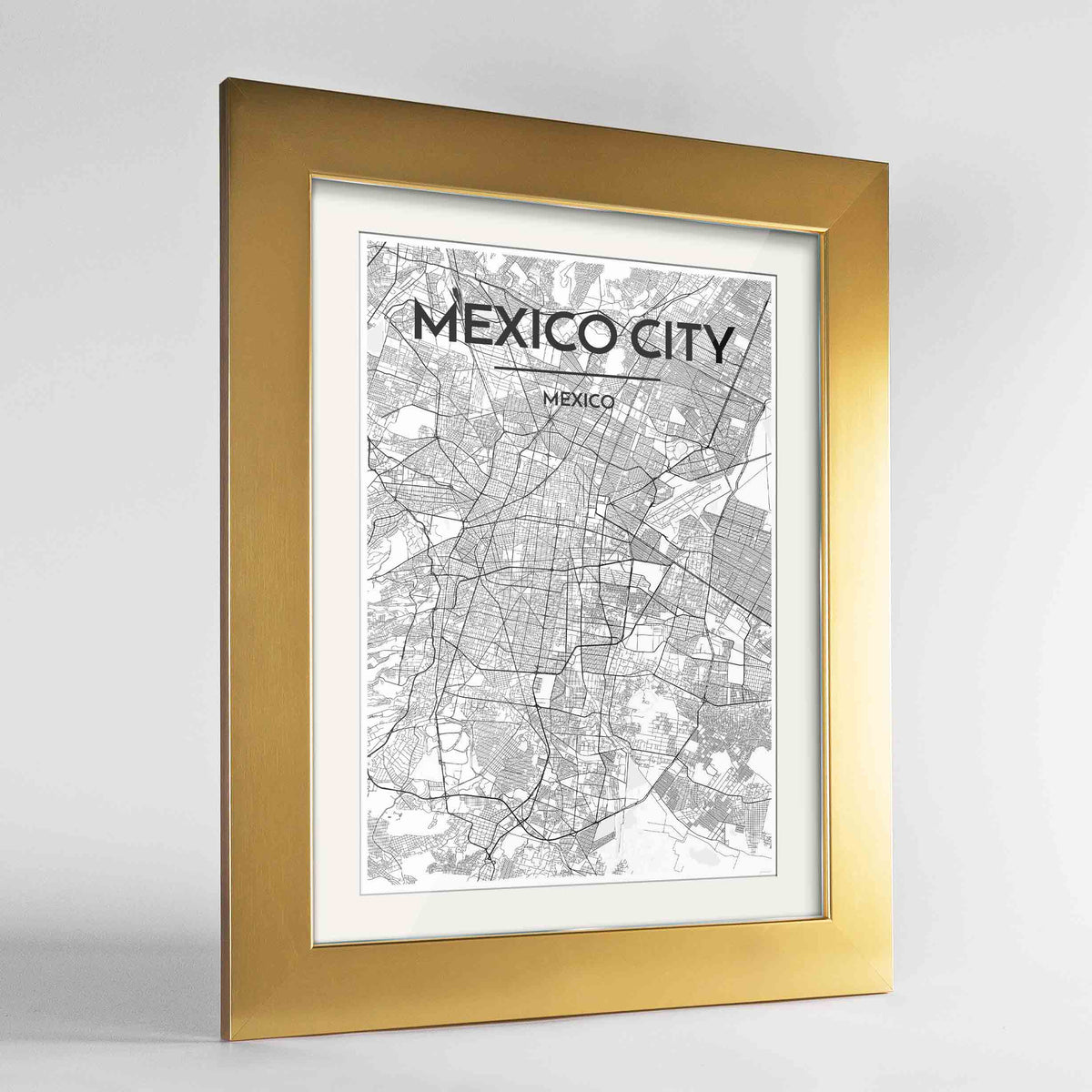 Framed Mexico City Map Art Print 24x36&quot; Gold frame Point Two Design Group