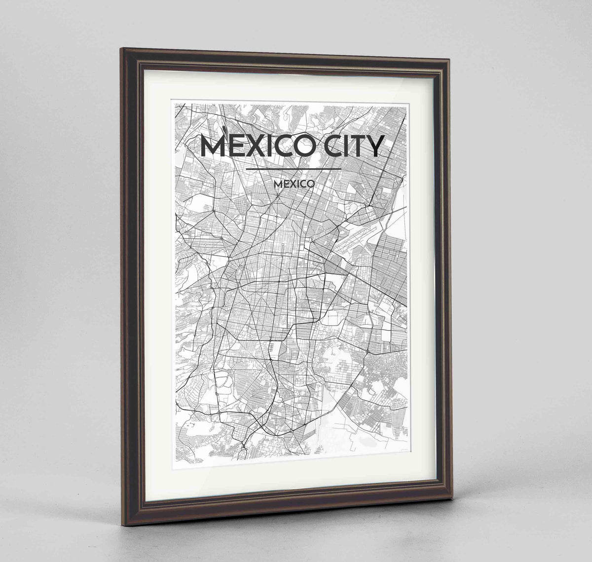 Framed Mexico City Map Art Print 24x36&quot; Traditional Walnut frame Point Two Design Group